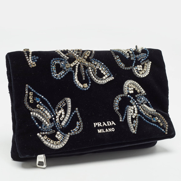 PRADA Black Velvet Crystals Embellished Fold Over Clutch - Picture 3 of 8